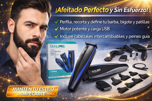Kit de Afeitado 3 en 1 Profesional DALING – Recortadora para Barba, Bigote y Patillas