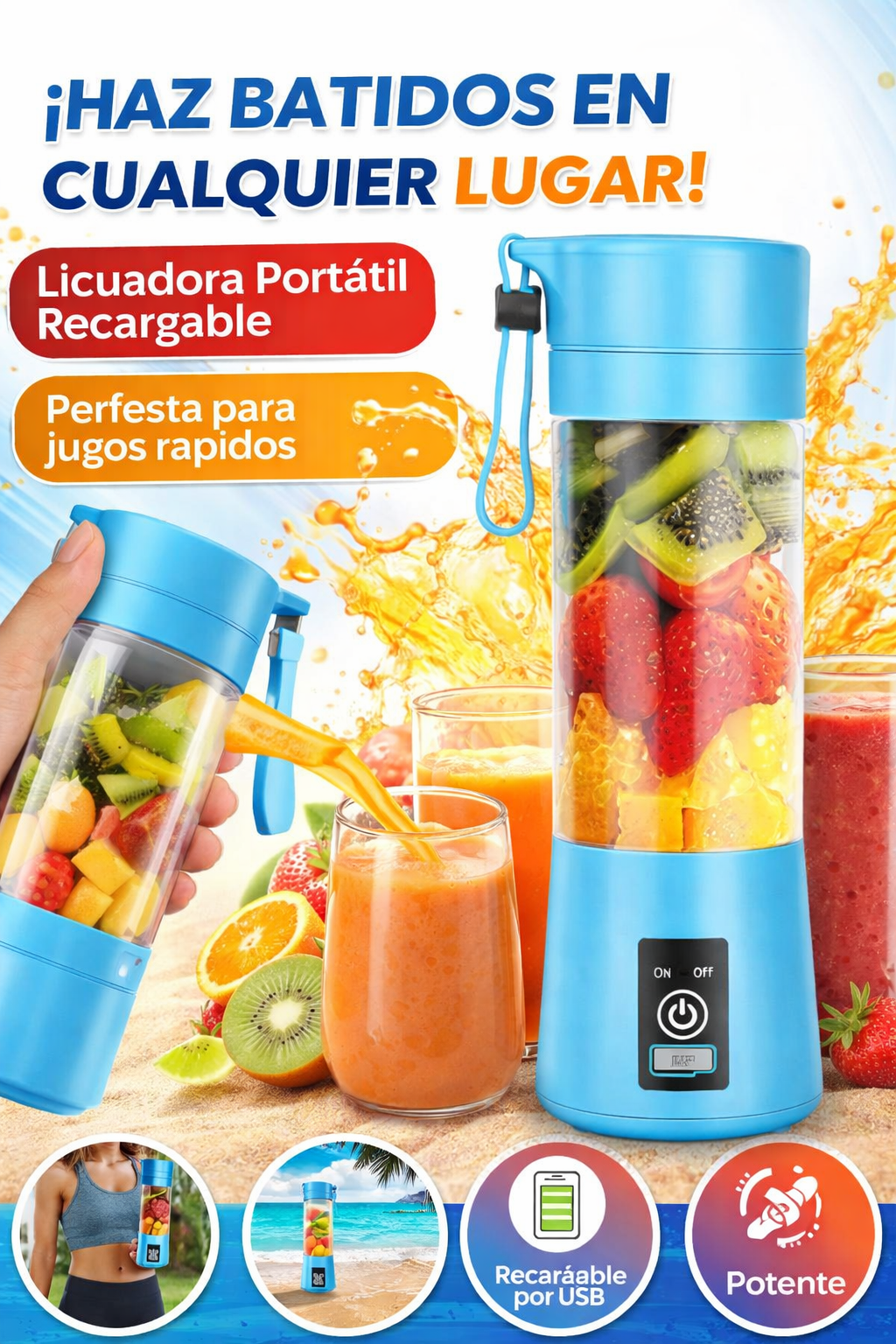Licuadora Portátil Recargable – Batidos Frescos en Cualquier Lugar