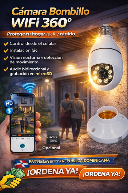 Cámara Bombillo WiFi 360° – Seguridad Inteligente para tu Hogar