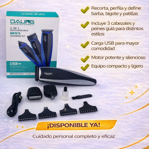 Kit de Afeitado 3 en 1 Profesional DALING – Recortadora para Barba, Bigote y Patillas