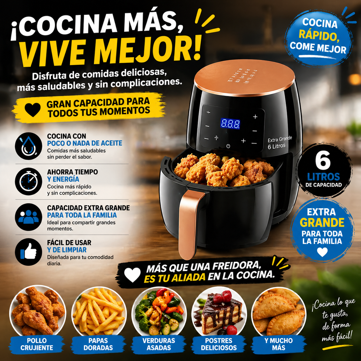 Freidora de Aire Extra Grande 6 Litros – Cocina Saludable y Rápida para Toda la Familia